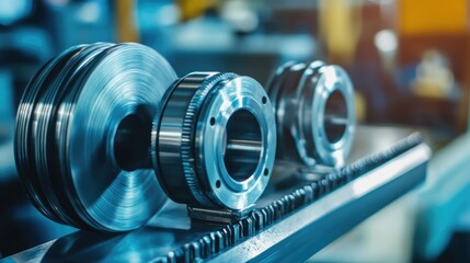 High precision stainless steel components and bearing parts displayed in a modern manufacturing workshop setting.