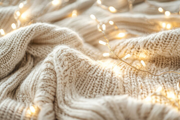 Cozy beige woolen sweater texture, yarn with glowing garland lights, decorations. Warm pastel tones, winter mood, comfort, relaxation, hygge, and stylish minimal mock up. Generative ai