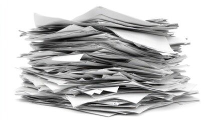 Stack of disorganized business documents and papers isolated on a white background representing clutter and the need for organization.