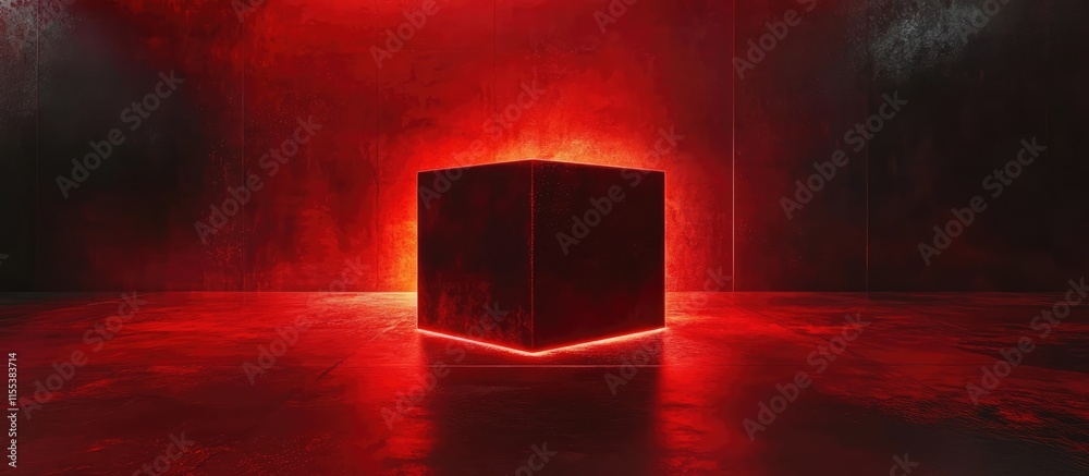 Poster illuminated red cube on dark background creating a dramatic and futuristic atmosphere for abstract d