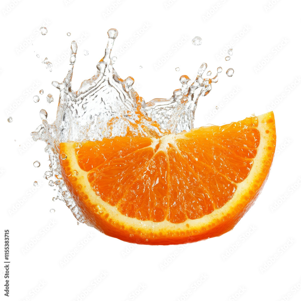 Poster orange slice splashing fresh juice isolated transparent background