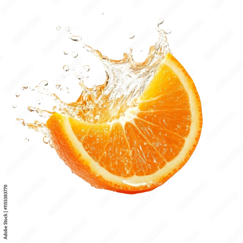 Poster orange slice splashing fresh juice isolated transparent background