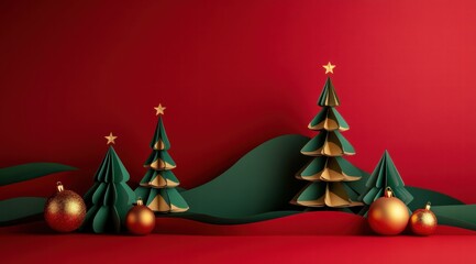 Minimalist red background with three-dimensional paper sculpture of Christmas trees and ornaments