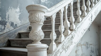 Fototapeta premium Vintage Staircase Handrailing in Historic Building with Decorative White Metal Ornament and Distressed Wall Design Elements Close Up