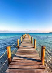 Naklejka premium Beach Wallpaper of Wooden jetty of the isla de lobos in the canary islands spain beach wallpaper summer wallpaper beach background tropical nature