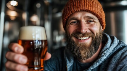 A bearded man wearing a warm hat smiles broadly as he raises a frothy glass of amber beer in a cozy setting, exuding warmth and friendliness.