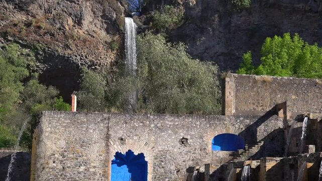 Waterfall in National Park Prismas Basalticos, geometric formations, Pleistocene era, Natural wonder. Hidalgo, Mexico