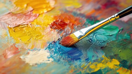 Obraz premium vibrant paint texture close-up with brush showcasing artistic creativity and color blending on a palette for artistic inspiration
