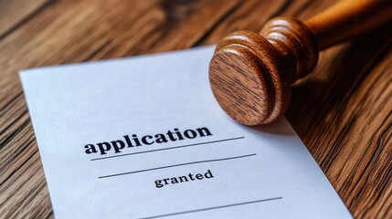 Stamp marked application granted on white paper beside wooden gavel on rustic wooden table symbolizing approval and legal documentation