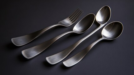 Elegant stainless steel tableware set featuring a fork and two spoons on a dark background showcasing modern design and craftsmanship.