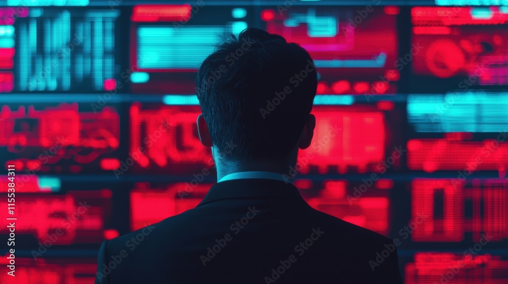 Poster businessman analyzing global marketing data displayed on a wall of monitors, immersed in a dimly lit