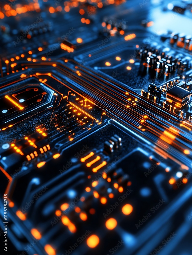 Poster futuristic circuit board with glowing blue and orange digital pathways : generative ai