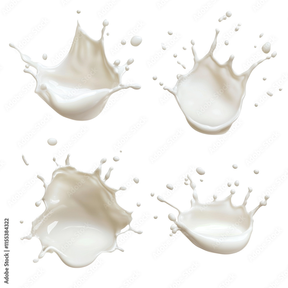 Poster four set of milk or cream splashes. isolated transparent background