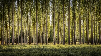 Obraz premium Dense Forest of Tall Tree Trunks Casting Shadows in Serene Woodland Scene : Generative AI