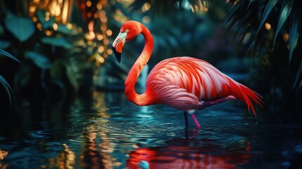 Fototapeta premium A flamboyant flamingo wades through shallow water, its vibrant pink feathers mirrored in the still surface. 