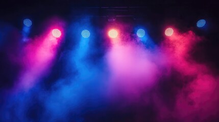 Colorful stage lights with vibrant spotlights and smoke creating an atmospheric concert and theatre backdrop for captivating performances