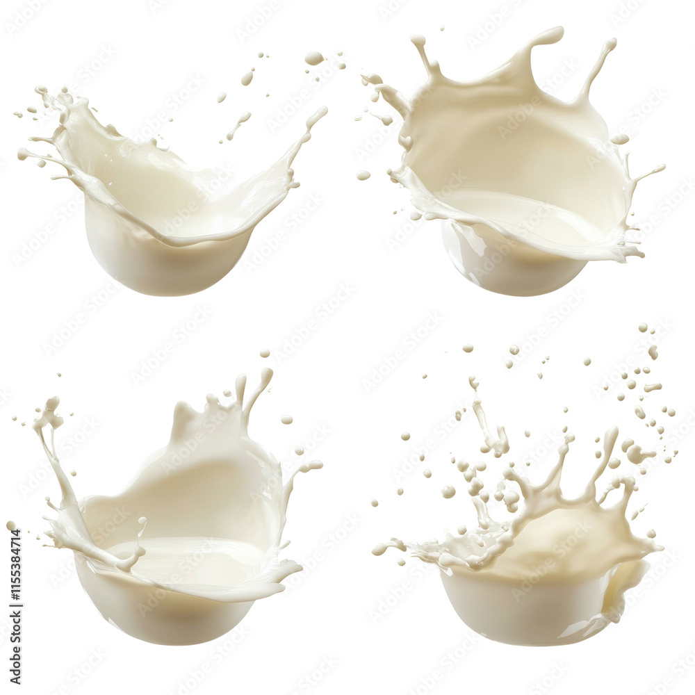 Poster four set of milk or cream splashes. isolated transparent background
