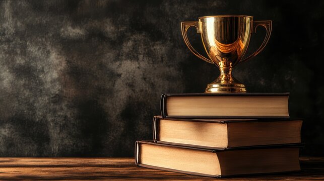 Stack of books with a golden trophy on a textured background representing education achievements and award inscriptions - Powered by Adobe