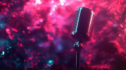 Vintage microphone illuminated by colorful abstract lights, perfect for music events or creative...