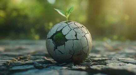 Surreal photograph of the Earth made from cracked clay, with one small green sprout growing in it.