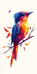 Obraz premium Colorful polygonal bird perched on a branch surrounded by autumn leaves mobile phone wallpaper