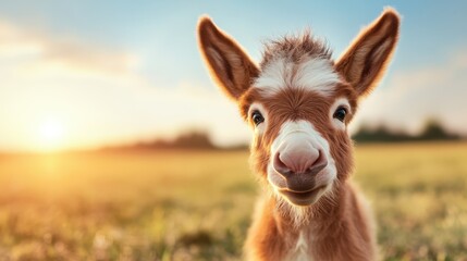 Fototapeta premium An adorable baby goat stands in a sunlit meadow, looking into the camera with a cheerful expression, capturing the essence of innocence and nature's beauty.