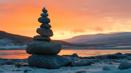 Serene beach sunset with stacked stones creating a tranquil atmosphere and reflecting nature's beauty in warm orange hues.