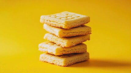 Stack of square cookies on vibrant yellow background showcasing texture and layers of deliciousness in a playful composition.