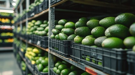 Ripe avocados neatly arranged in black plastic crates within a vibrant fruit and vegetable storage warehouse setting