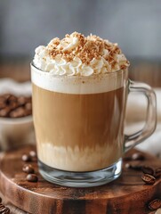 Creamy Latte with Whipped Cream Topping in Rustic Café Setting : Generative AI