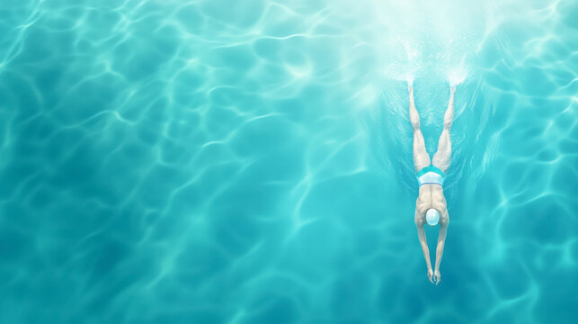 Woman gracefully diving into clear turquoise pool water, showcasing perfect swimming technique and serene aquatic environment, evoking tranquility and skill.