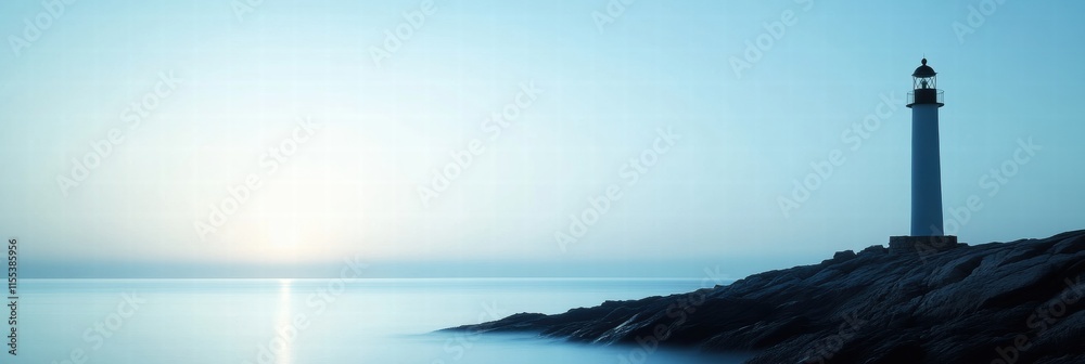 Fototapete silhouette of a lighthouse at dawn on a rocky coast with minimalist design and ample space for text.