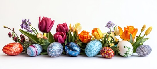 Colorful tulips and decorated Easter eggs arranged on a white background for a vibrant spring celebration concept.