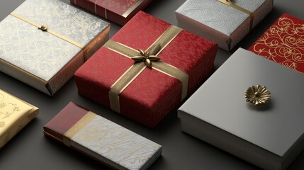 Elegant gift boxes in silver, gold, and red adorned with decorative elements for festive celebrations and holiday occasions.