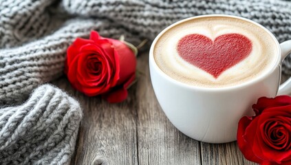 Cup of Coffee with Heart Latte Art on Wooden Table, Red Rose and Grey Knitted Blanket, Cozy Atmosphere
