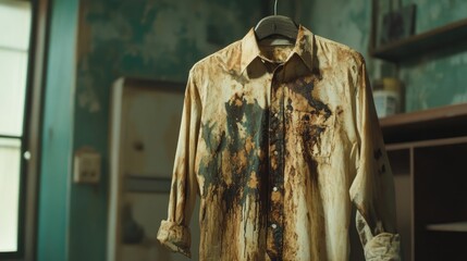 Naklejka premium Stained shirt hanging in a cluttered room highlighting the challenges of tough cleaning tasks and stubborn dirt removal.