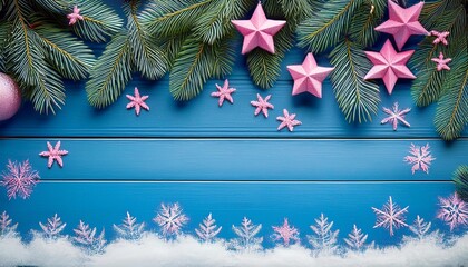 christmas fir tree with pink stars snowflakes and pine branches on a blue wood board with snowflakes