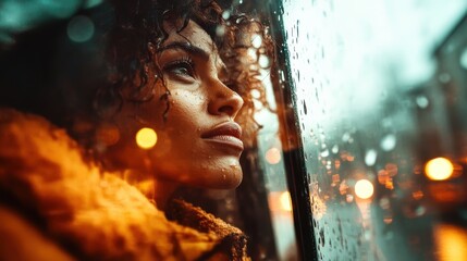 A woman with curly hair peers through a rain-dappled window, her gaze thoughtful and distant, capturing a serene moment in an introspective ambiance.