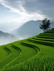 Obraz premium Serene Rice Terraces and Mountains - Tranquil landscape, lush greenery, terraced fields, misty mountains, vibrant nature. Symbolizes peace, abundance, growth, harmony, and serenity.