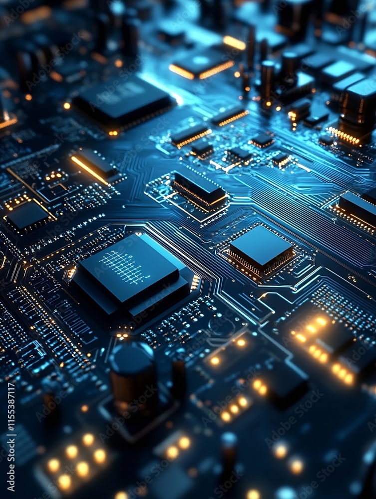 Aufkleber Blue Circuit Board with Illuminated Pathways in a HighTech Environment : Generative AI