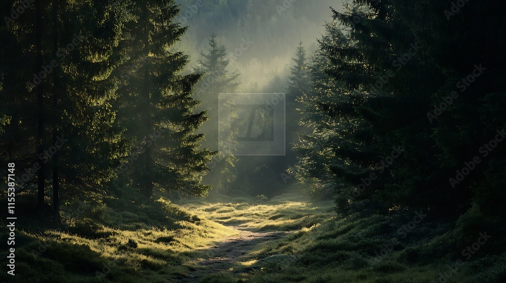 Poster enchanting sunlit forest path with lush greenery and tall majestic trees : generative ai