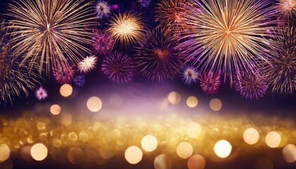 spectacular gold and royal purple fireworks display illuminating the night sky with bokeh effects and copyspace new year celebration background