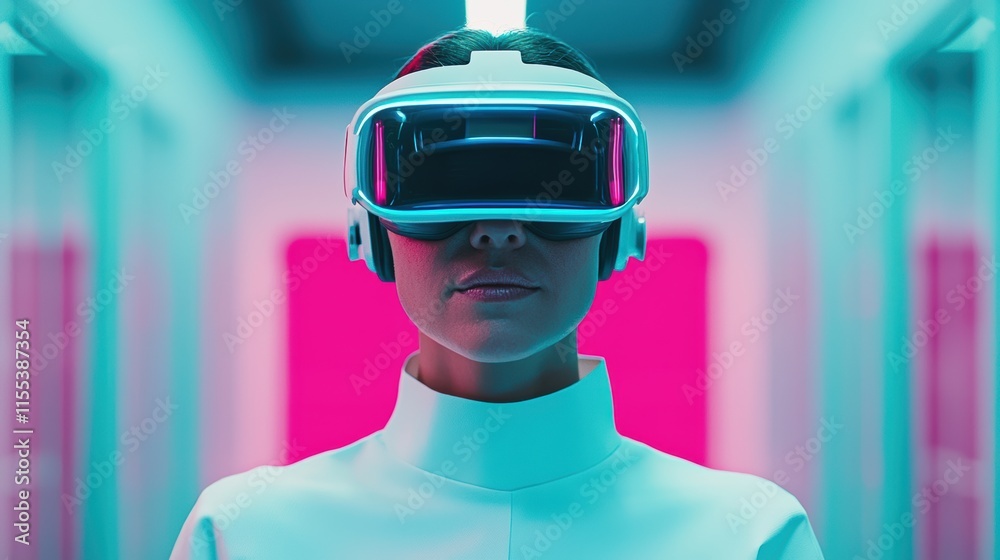 Poster Scientist wearing a vr headset explores a futuristic corridor, analyzing growth data in augmented reality, showcasing business innovation