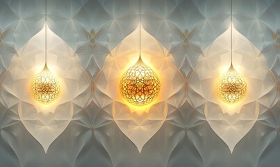 Illuminated geometric lanterns hanging against a textured wall.