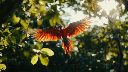A bold scarlet macaw soars through the jungle canopy, its red feathers blazing under the tropical sun.the image captures the birds dynamic movement. 
