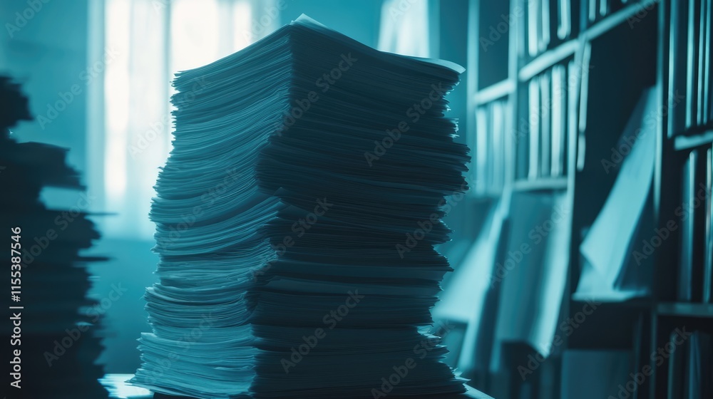 Poster stack of papers in an office setting illuminated by soft blue lighting creating a moody atmosphere r