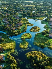 Aerial view of suburban neighborhood with winding river and lush greenery creating scenic landscape : Generative AI