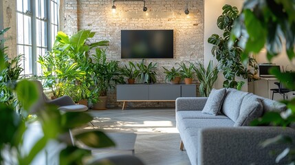 A cozy working room set featuring a desk and a television