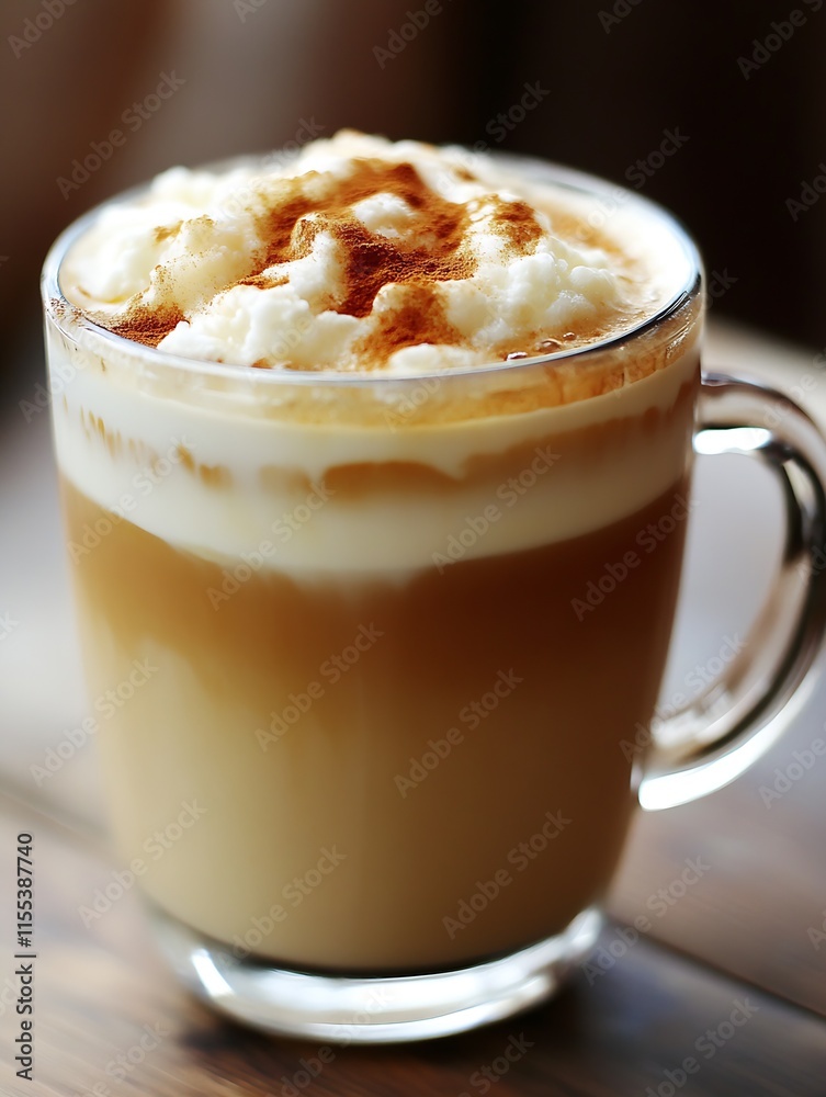 Poster aesthetic closeup of a frothy cinnamon topped latte in a transparent mug : generative ai