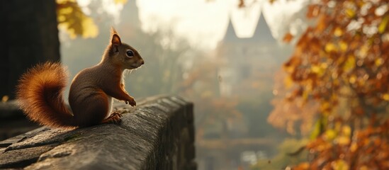 Obraz premium Squirrel perched on a stone wall with autumn foliage and a distant castle background in warm sunlight